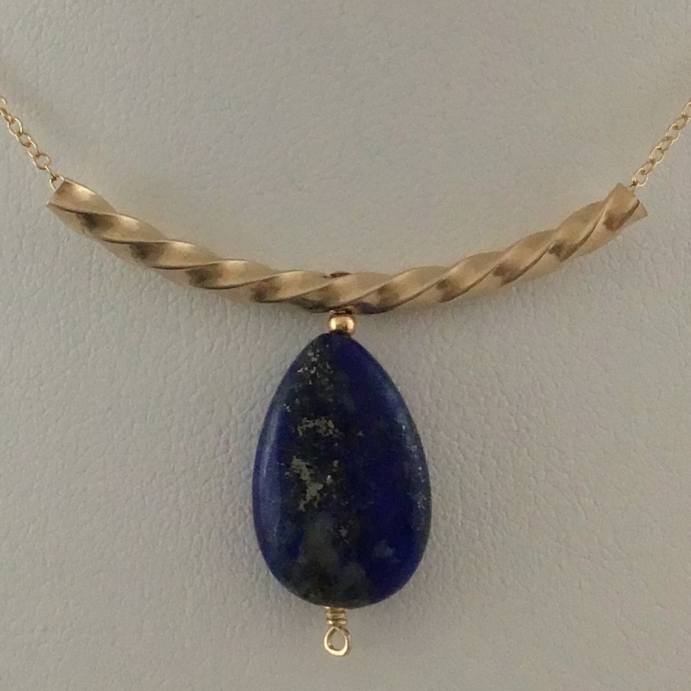 Lapis Teardrop Gold Necklace Handmade